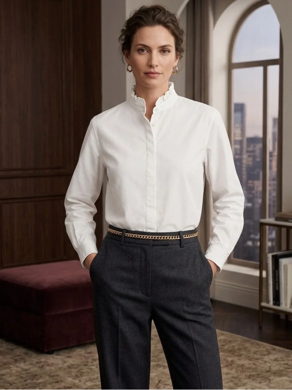 Ines de la Fressange x Uniqlo Ruffle Collar 100% Cotton Button-Up L French Chic - Picture 1 of 16